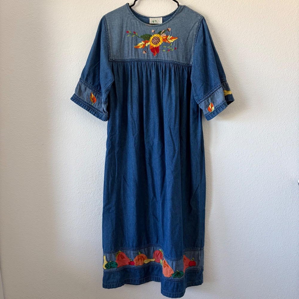Vtg Quacker Factory Womens Denim Embroidered Fall Harvest Garden Dress Size M